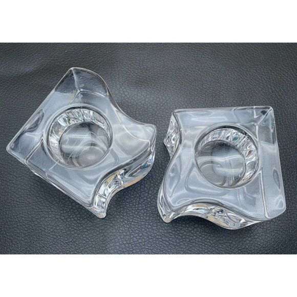 Orrefors Sweden Crystal Candle Holders Clear Heavy Puzzle Piece Votives Set of 2 - Picture 2 of 11
